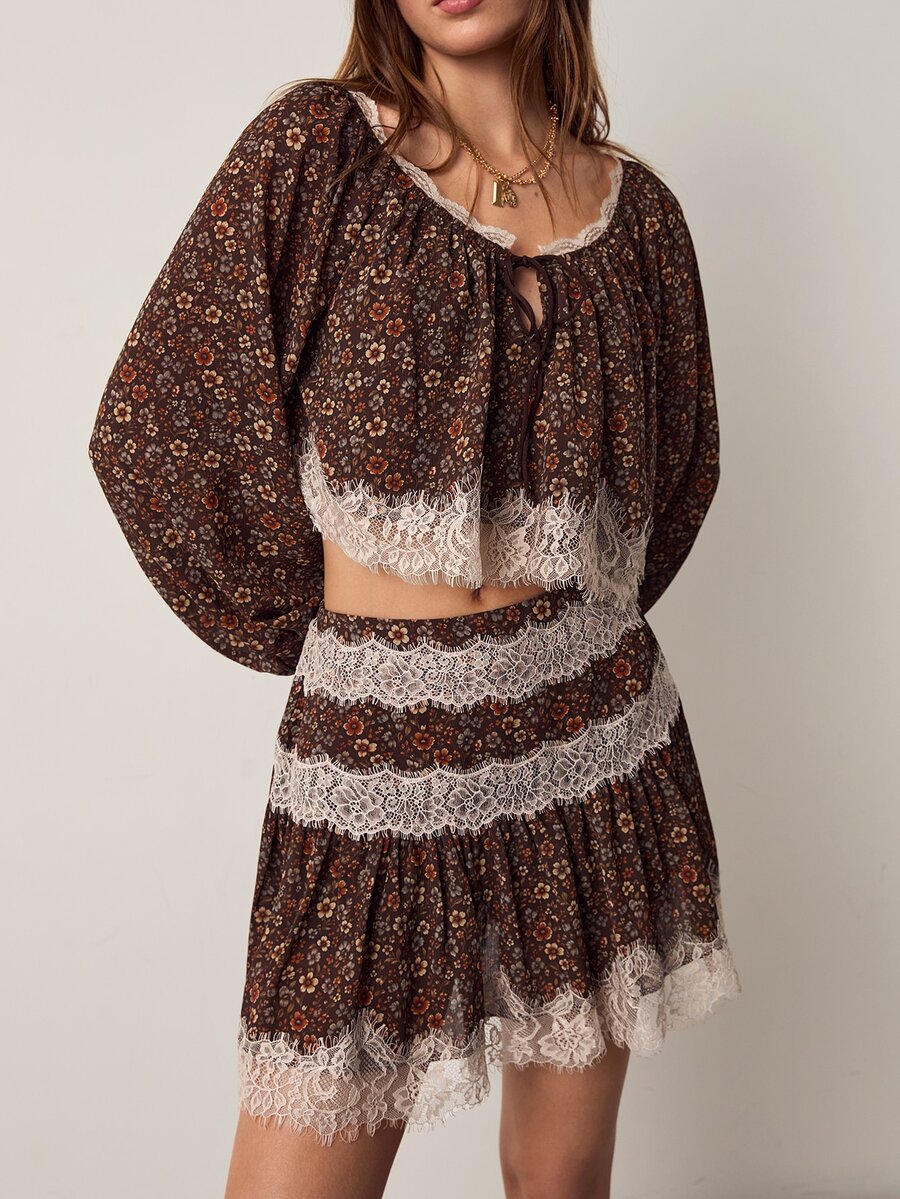 Willow Rêve Women's Brown Floral Lace Patchwork Long Sleeve Blouse And Mini Skirt Set - Brown - View 1