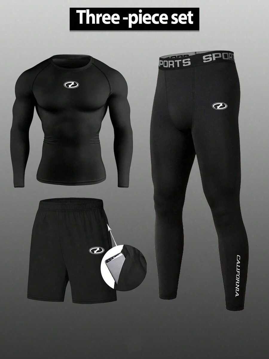 RISE LYT Men's Minimalist Long Sleeve T-Shirt And Fitted Base Layer Long Pants With Pocket Shorts Sports Set - Black - View 1