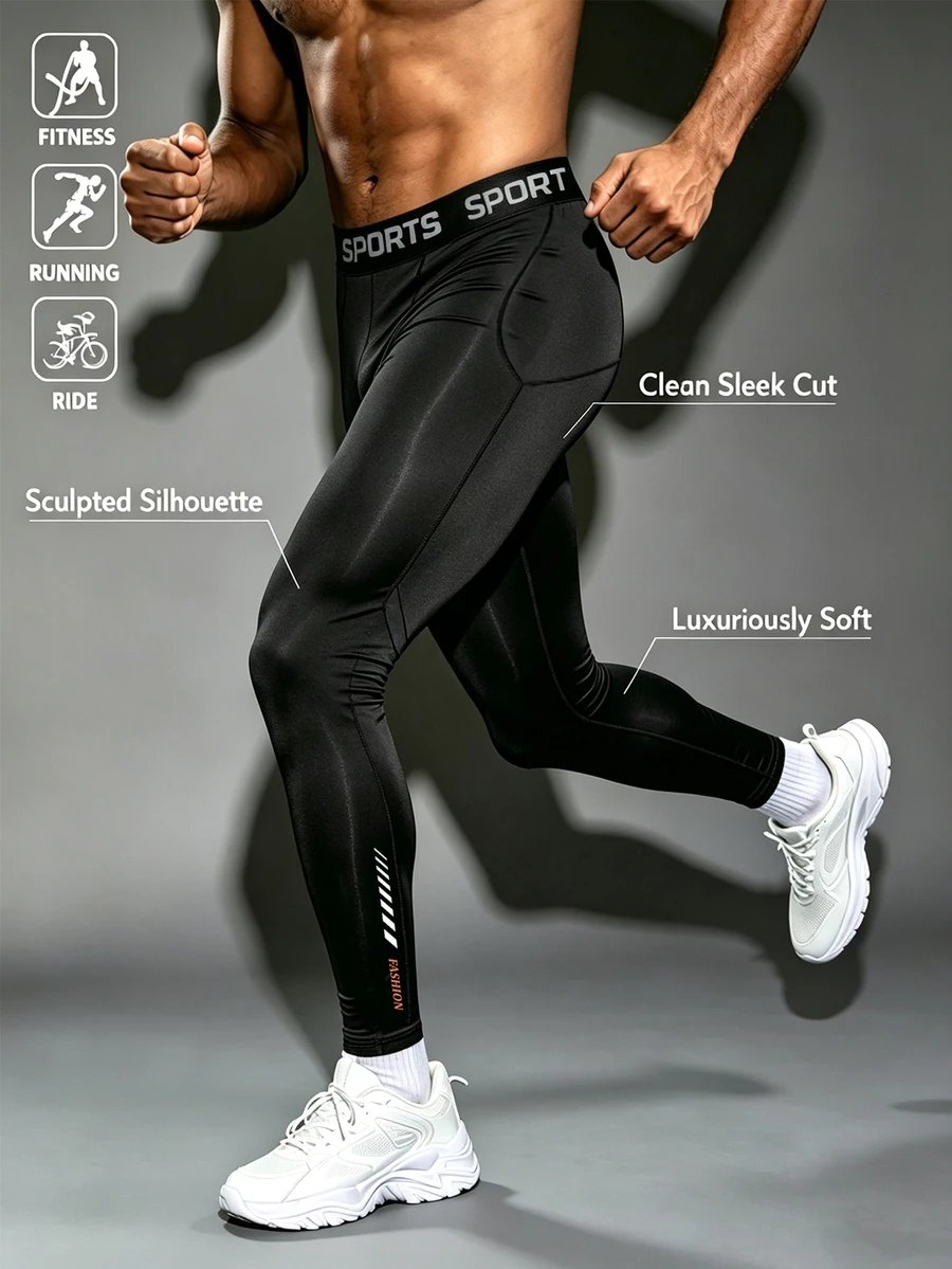 Acti Log Men's Minimalist Jacquard Trim Sports Compression Leggings - Black - View 1