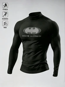 BATMAN X SHEIN Gym Rark Men's Minimalist Letter Print Long Sleeve Sports T-Shirt, Gym - Black - View 3