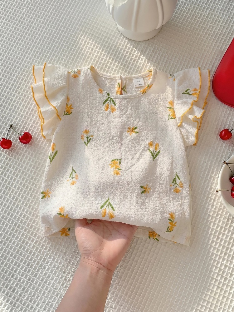 SHEIN Young Girl Floral Pattern Round Neck Ruffle Sleeve Cute Blouse - Yellow - View 3