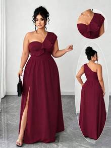 Elenzga Plus Size Women's Elegant Ruffle Trim Solid Color Maxi Dress,Formal Burgundy Winter Wedding Prom Dress,Spaghetti Strap Date Party Graduation Gown - Burgundy - View 1