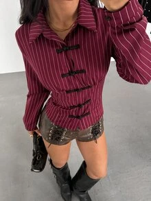 StreetHx 女款街頭風性感優雅復古修身波點襯衫，酒紅色，適合早午餐、辦公室、夜晚外出、約會之夜、秋季 - 酒紅色 - 查看 4