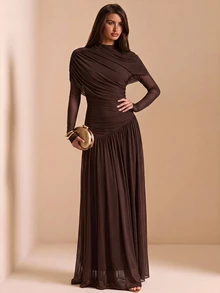 SHEIN BAE Autumn Solid Brown Round Neck Short Sleeve Fitted Ruched Full Skirt Elegant Dress Wedding Dinner Guest - Brown - View 3