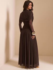 SHEIN BAE Autumn Solid Brown Round Neck Short Sleeve Fitted Ruched Full Skirt Elegant Dress Wedding Dinner Guest - Brown - View 2