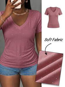 Slaydiva Casual Simple Rhinestone Lotus Pink Plus Size V-Neck T-Shirt, Suitable For Music Festivals In Summer - Dusty Pink - View 6