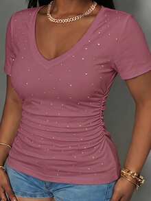 Slaydiva Casual Simple Rhinestone Lotus Pink Plus Size V-Neck T-Shirt, Suitable For Music Festivals In Summer - Dusty Pink - View 7