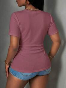 Slaydiva Casual Simple Rhinestone Lotus Pink Plus Size V-Neck T-Shirt, Suitable For Music Festivals In Summer - Dusty Pink - View 2