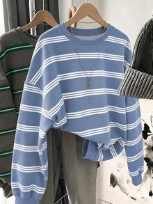 SHEIN LUNE Women's Striped Round Neck Drop Shoulder Long Sleeve Casual Sweatshirt - White - View 7