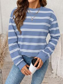 SHEIN LUNE Women's Striped Round Neck Drop Shoulder Long Sleeve Casual Sweatshirt - White - View 10