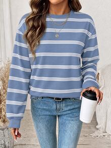 SHEIN LUNE Women's Striped Round Neck Drop Shoulder Long Sleeve Casual Sweatshirt - White - View 6