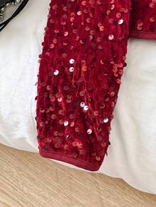 SHEIN Tween Girl Solid Color Long Sleeve Sequin Open Front Jacket, Autumn/Winter - Red - View 7