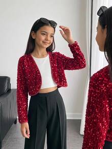 SHEIN Tween Girl Solid Color Long Sleeve Sequin Open Front Jacket, Autumn/Winter - Red - View 5
