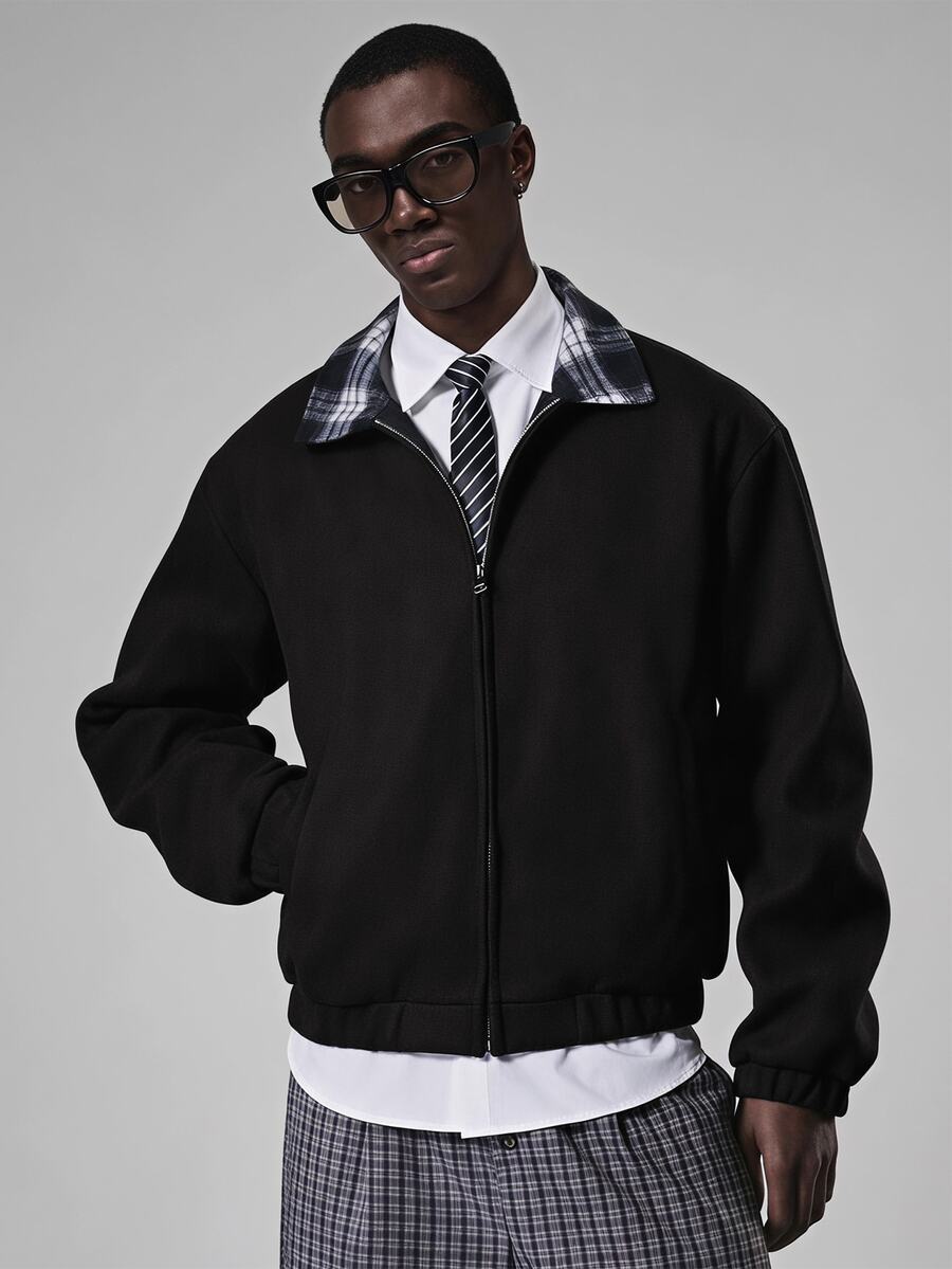 STYNVO Men's Plaid Colorblock Casual Daily Long Sleeve Jacket - Black - View 1