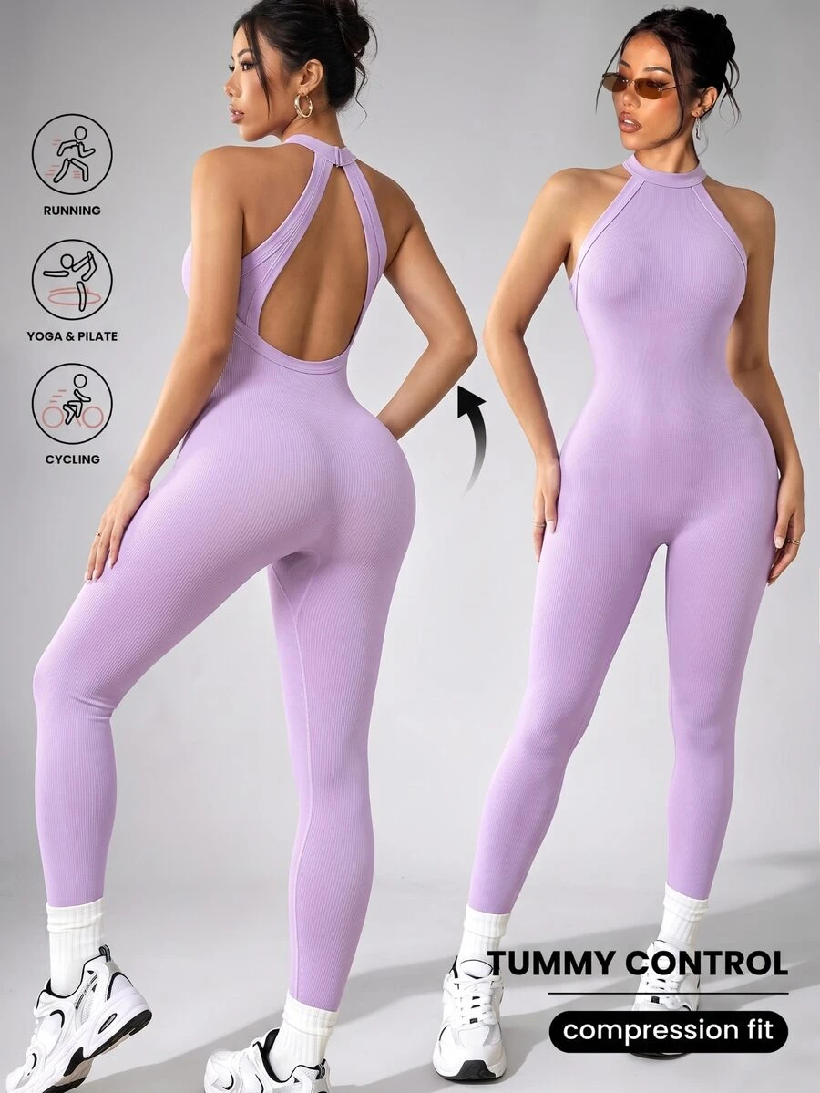 Slayform H1165 Black Seamless Sports Jumpsuit - Purple - View 1