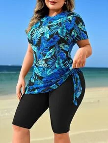 SHEIN Swim 大尺碼女款隨機印花布基尼 夏季度假黑色沙灘套裝 優雅款 - 彩色 - 查看 7