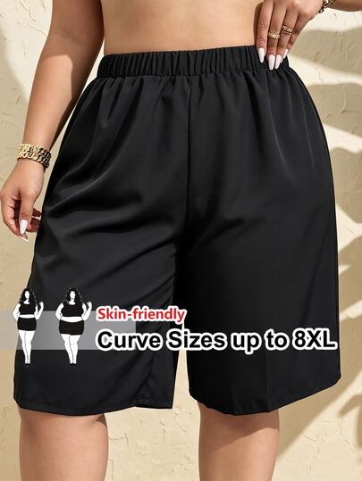 SHEIN CURVE+ Women's Plus Size Single Piece Black Vacation Beach Pants Swimwear Bottom Summer Streetwear Flapper
