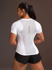 Powerista Women's Solid Color Casual Softness Sports Active Wear Top Tee Compression Shirt Gym Women Shirts Features Breathable Mesh And Reflective Patterns - White - View 1