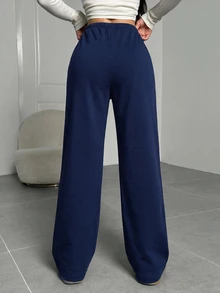 SHEIN EZwear 淺灰色針織女款抽繩腰寬鬆休閒運動長褲居家冬季款 - 藏蓝色 - 查看 2