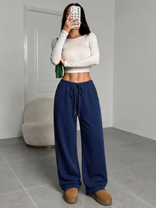 SHEIN EZwear 淺灰色針織女款抽繩腰寬鬆休閒運動長褲居家冬季款 - 藏蓝色 - 查看 4