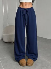 SHEIN EZwear 淺灰色針織女款抽繩腰寬鬆休閒運動長褲居家冬季款 - 藏蓝色 - 查看 7