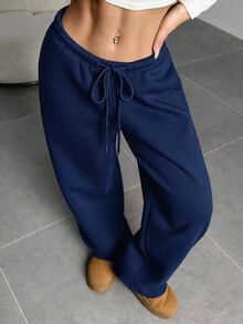 SHEIN EZwear 淺灰色針織女款抽繩腰寬鬆休閒運動長褲居家冬季款 - 藏蓝色 - 查看 6