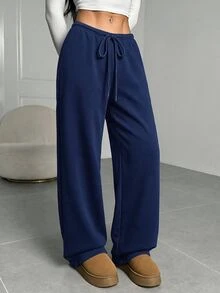 SHEIN EZwear 淺灰色針織女款抽繩腰寬鬆休閒運動長褲居家冬季款 - 藏蓝色 - 查看 5