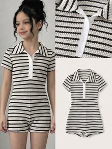 SHEIN Tween Girl Black And White Striped Button Half-Placket Short Sleeve Casual Baggy Romper Back To School, Summer, Knit, Fitted, Vacation - Black and White - View 2