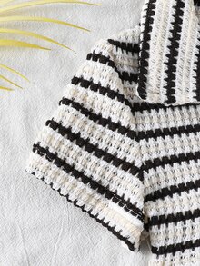 SHEIN Tween Girl Black And White Striped Button Half-Placket Short Sleeve Casual Baggy Romper Back To School, Summer, Knit, Fitted, Vacation - Black and White - View 6