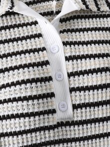 SHEIN Tween Girl Black And White Striped Button Half-Placket Short Sleeve Casual Baggy Romper Back To School, Summer, Knit, Fitted, Vacation - Black and White - View 7