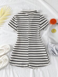 SHEIN Tween Girl Black And White Striped Button Half-Placket Short Sleeve Casual Baggy Romper Back To School, Summer, Knit, Fitted, Vacation - Black and White - View 3
