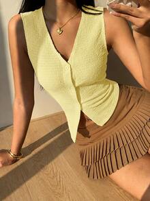 SHEIN EZwear Women Mustard V-Neck Open Front Knitted Yellow Tank Top, Summer - Yellow - View 7