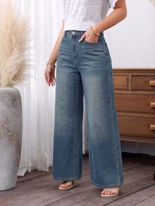 SHEIN PETITE Women's Casual Streetwear Washed Wide Leg Jeans Everyday Going Out Aqua Blue Summer Autumn - Blue - View 5