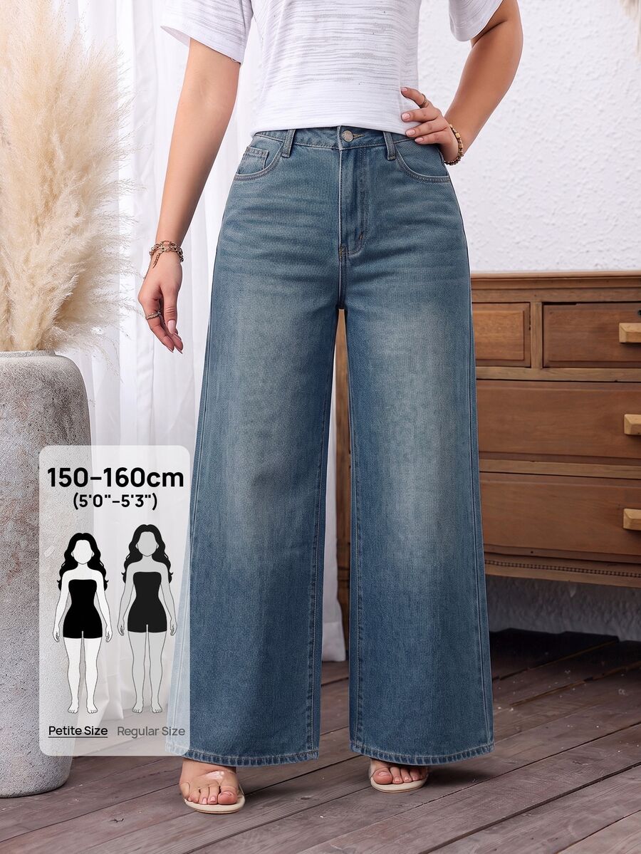 SHEIN PETITE Women's Casual Streetwear Washed Wide Leg Jeans Everyday Going Out Aqua Blue Summer Autumn - Blue - View 1