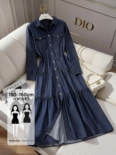 SHEIN PETITE Gaun Denim Lengan Panjang Wanita dengan Hiasan Ruffle di Bagian Bawah, Cocok untuk Kantor, Perjalanan, Formal, Sehari-hari, Liburan, Biru Tua, Musim Gugur, Elegan, Retro, Vintage, Gaya 70-an, Kasual