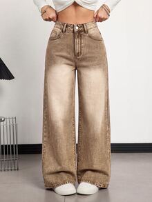 SHEIN Tall Women's High Waist Pocket Wide Leg Loose Casual Denim Jeans - Brown - View 1
