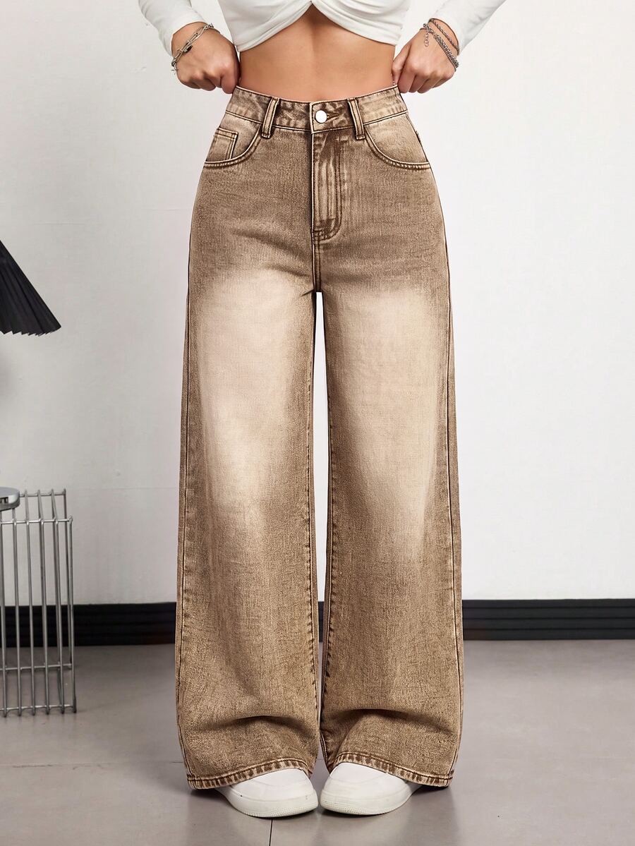 SHEIN Tall Women's High Waist Pocket Wide Leg Loose Casual Denim Jeans - Brown - View 1