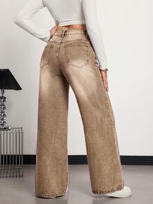 SHEIN Tall Women's High Waist Pocket Wide Leg Loose Casual Denim Jeans - Brown - View 6