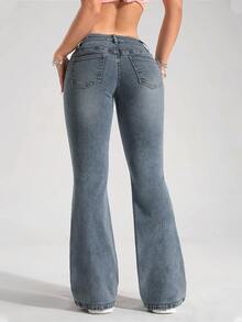 SHEIN Tall Women's Washed Pocket Button Low Rise Flared Casual Streetwear Denim Jeans Fall Winter Y2k Distressed Vintage Wash Light Gray 1980s - Light Wash - View 2