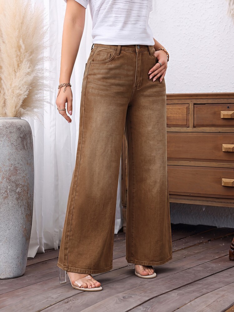 SHEIN PETITE بنطلون جينز نسائي بني واسع الساق فضفاض بأزرار وجيوب، متعدد الاستخدامات، كاجوال ريترو للخريف وعيد الشكر والعطلات والاستخدام اليومي - بني - مشاهدة 6