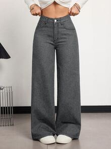 SHEIN Tall Women's Wide Leg Loose Casual Streetwear Versatile Denim Jeans With Pockets School Everyday Dark Grey Fall - Grey - View 7
