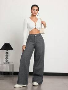 SHEIN Tall Women's Wide Leg Loose Casual Streetwear Versatile Denim Jeans With Pockets School Everyday Dark Grey Fall - Grey - View 6