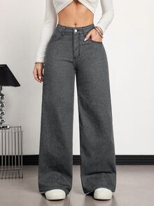 SHEIN Tall Women's Wide Leg Loose Casual Streetwear Versatile Denim Jeans With Pockets School Everyday Dark Grey Fall - Grey - View 3