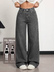 SHEIN Tall Women's Wide Leg Loose Casual Streetwear Versatile Denim Jeans With Pockets School Everyday Dark Grey Fall - Grey - View 1