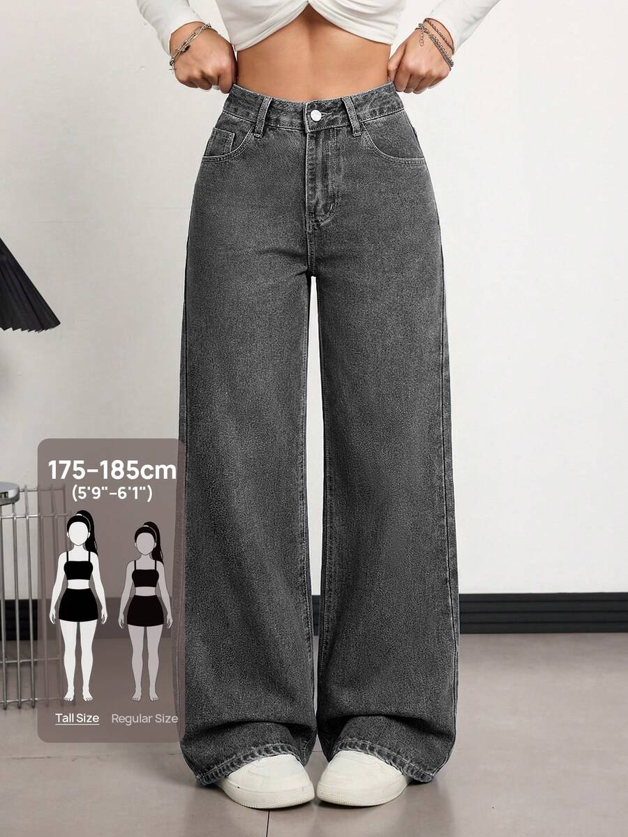 SHEIN Tall Women's Wide Leg Loose Casual Streetwear Versatile Denim Jeans With Pockets School Everyday Dark Grey Fall - Grey - View 1