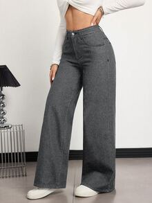 SHEIN Tall Women's Wide Leg Loose Casual Streetwear Versatile Denim Jeans With Pockets School Everyday Dark Grey Fall - Grey - View 4
