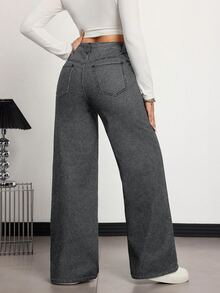 SHEIN Tall Women's Wide Leg Loose Casual Streetwear Versatile Denim Jeans With Pockets School Everyday Dark Grey Fall - Grey - View 2