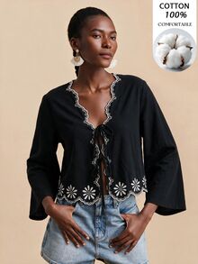 Travachic Women's Colorblock Casual Elegant Boho Versatile Daily Wear Shirt Vacation Black Floral Fall - Black - View 2