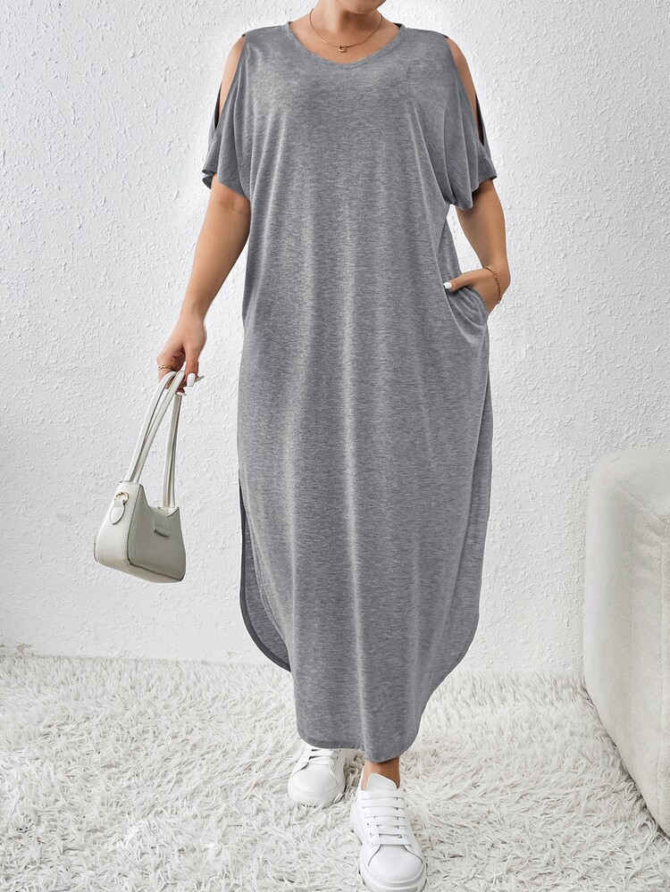 Shapeblank Plus Size Women's Spring And Summer New Fashion Commuter Casual Pocket Design Slit Long Robe Dress - Light Grey - View 2