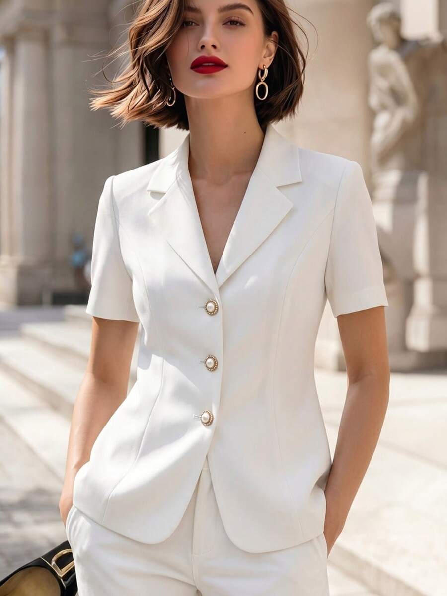 SHEIN 法式优雅休闲百搭短袖修身珍珠金属纽扣米色西装外套,女士春夏款 - 米色 - 查看 1